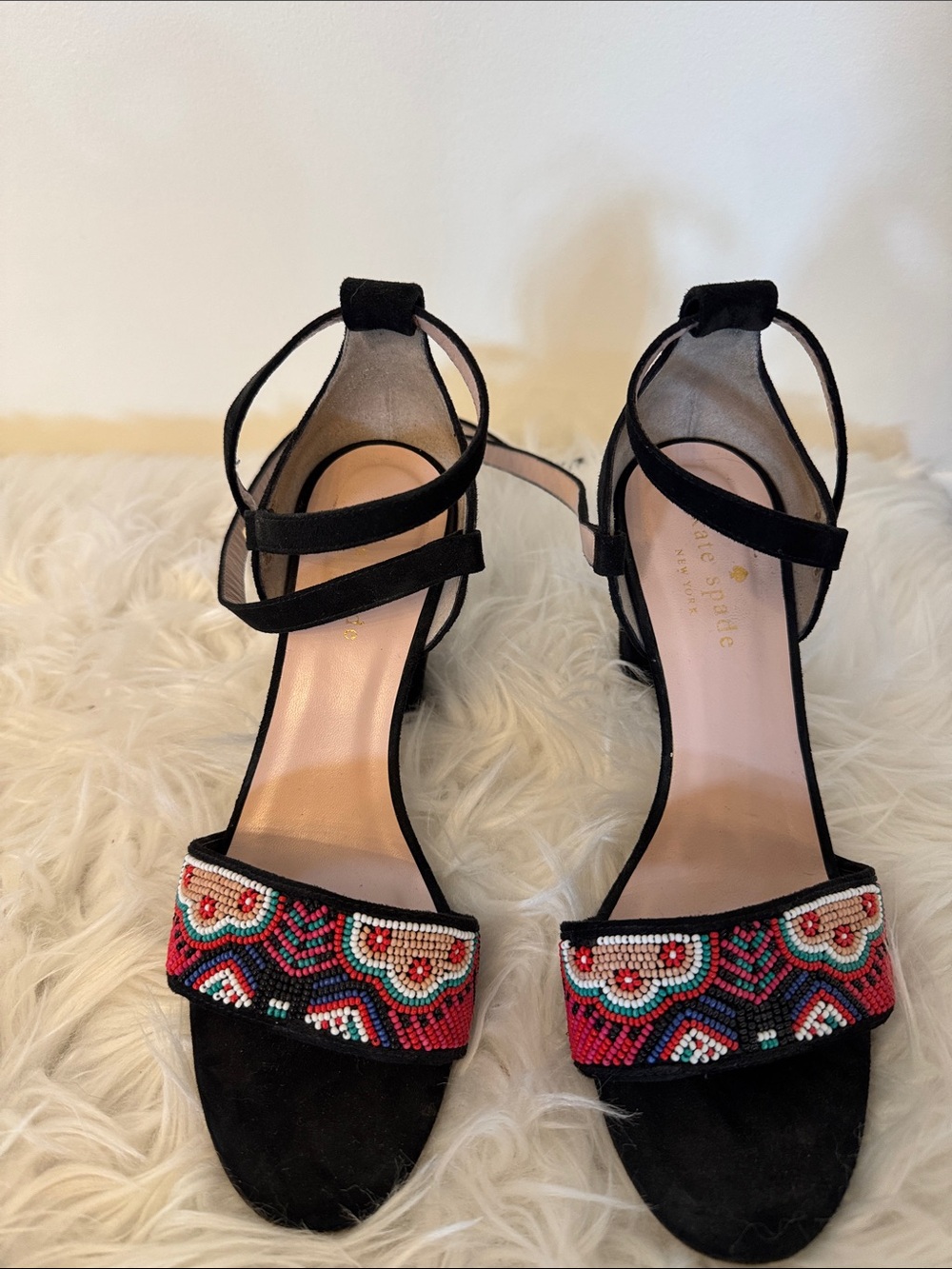 kate spade Black Beaded Open-Toe Heels with Multicolor Embroidery